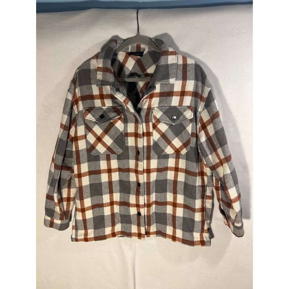 HFX Plaid Flannel Shirt Jacket Mens Medium Grey Orange Snap Front Shacket